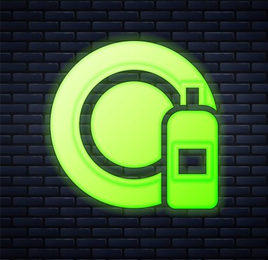 Parlayan neon lambalı bulaşık deterjanı ve tuğla duvar arka planında izole edilmiş plaka ikonu. Bulaşık yıkamak için sıvı deterjan. Vektör.