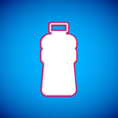 Mavi arkaplanda beyaz bir şişe ikon izole edilmiş. Soda su içme tabelası. Vektör.