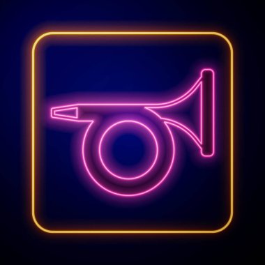 Parlayan neon trompet simgesi siyah arkaplanda izole edildi. Müzik aleti. Vektör.