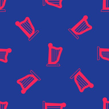 Kırmızı Harp simgesi mavi arkaplandaki kusursuz deseni izole etti. Klasik müzik enstrümanı, orkestra akustik elementi. Vektör.
