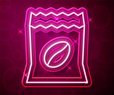 Parlayan neon hattı kahve çekirdeği torbası kırmızı arka planda izole edilmiş. Vektör.