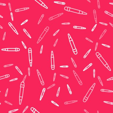 Silgi simgesine sahip beyaz çizgi kalem kırmızı arkaplanda izole edilmiş kusursuz desen. Çizim ve eğitim araçları. Okul sembolü. Vektör.