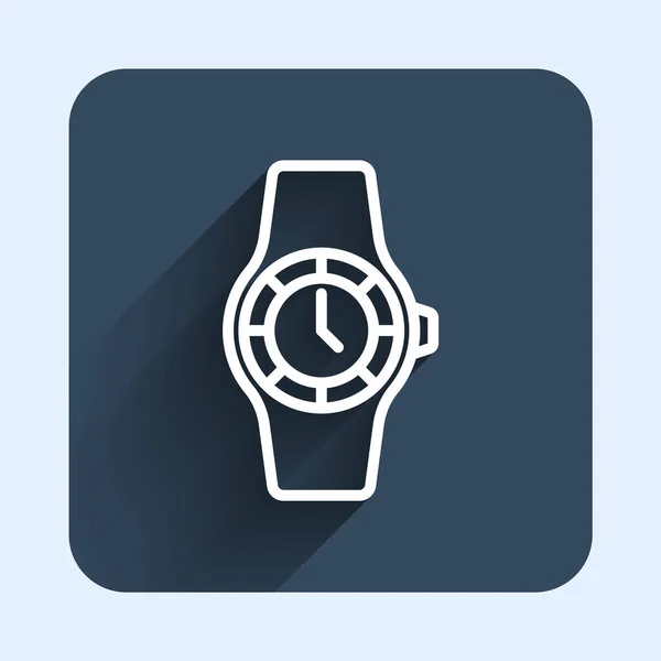 長い影の背景で隔離されたホワイトラインリストウォッチアイコン 腕時計のアイコン 青い四角形のボタン ベクトル — ストックベクタ