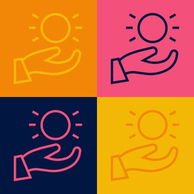 Popüler sanat çizgisi topunun el simgesinin üzerinde yükselmesi renk arkaplanından izole edilmiş. Havalanma sembolü. Vektör.