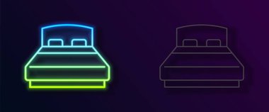 Parlak neon hattı. Siyah arkaplanda iki ya da bir kişi için büyük yatak. Vektör.