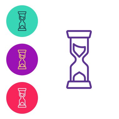 Beyaz zemin üzerinde kum ikonu olan eski kum saati çizgisini ayarlayın. Kum saati işareti. İş ve zaman yönetimi kavramı. Simgeleri renklendirin. Vektör.