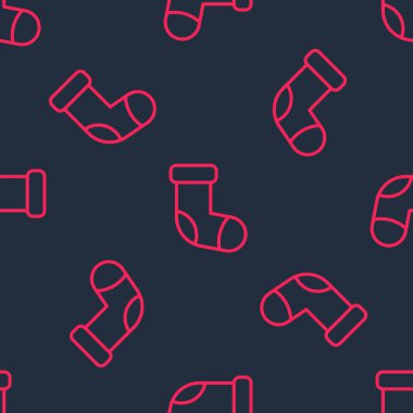 Kırmızı çizgi Noel çorap ikonu siyah arka planda izole edilmiş kusursuz desen. Mutlu Noeller ve mutlu yıllar. Vektör.