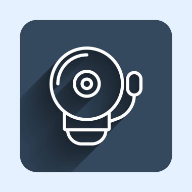 Beyaz çizgi alarm zili simgesi uzun gölge arkaplanı ile izole edildi. Yangın alarmı. Servis zili, el zili işareti, uyarı sembolü. Mavi kare düğme. Vektör.