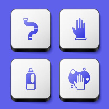 Deterjan ve Sünger ikonu için sanayi metalik boru eldiveni şişesi ayarla. Beyaz kare düğme. Vektör.