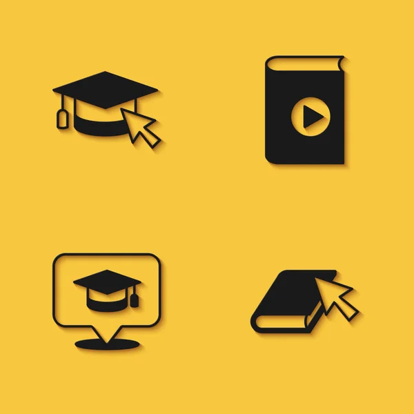 Set Graduation Cap 과커서 온라인 말하기 오디오 아이콘으로 그림자를 가지고 — 스톡 벡터