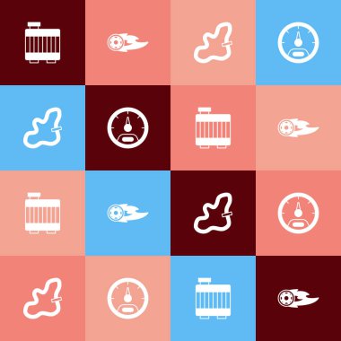 Pop Art Car radyatör soğutma sistemini, tekerlek alevi yarış pistini ve hız göstergesi simgesini ayarla. Vektör.