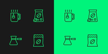 Kahve çekirdeği torbası, kahve fincanı çayını poşet ve ikonla hazırla. Vektör.