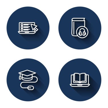 Satır Çevrimiçi Sınav Anketi Ses Kitabı Mezuniyet şapkasını fareli ve sınıfı uzun gölgeli ayarla. Mavi daire düğmesi. Vektör.