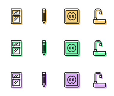 Elektrik prizi penceresini silgi ve lavabo simgesiyle kalem odasına yerleştir. Vektör.