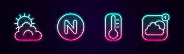 Güneş ve bulut hava durumu pusulasını kuzey termometresi ve hava tahmini uygulamasına ayarla. Parlayan neon ikonu. Vektör.