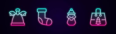 Melek Noel Baba 'nın Noel Baba şapkası, sakal ve alışveriş çantası. Parlayan neon ikonu. Vektör.