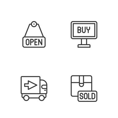 Satın Alma ve Satma düğmesi simgesi olan kargo kamyonu satışı tabelasını ayarla. Vektör.