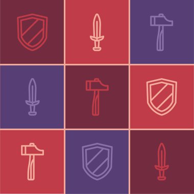 Kalkan Çekici ve Ortaçağ kılıç ikonu. Vektör.