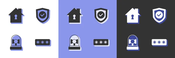 Setzen Sie Passwortschutz Haus Unter Klingelalarm Und Schild Mit Häkchen — Stockvektor
