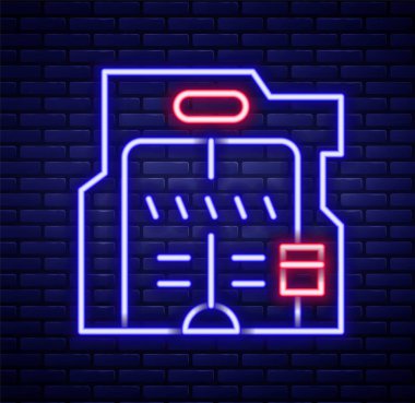 Parlayan neon çizgisi, duvarın arka planında izole edilmiş fütüristik sürgülü kapı simgesi. Renkli taslak konsepti. Vektör.