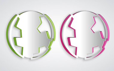 Kağıt kesiği, gri arkaplanda Dünya 'nın simgesi. Dünya ya da Dünya işareti. Küresel internet sembolü. Geometrik şekiller. Kağıt sanatı tarzı. Vektör.