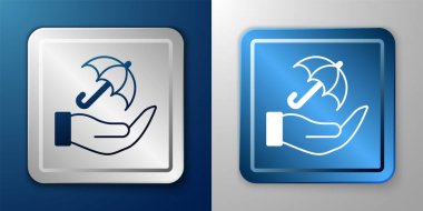 Beyaz Şemsiye mavi ve gri arka planda izole edildi. Sigorta konsepti. Su geçirmez ikon. Koruma, güvenlik, güvenlik kavramı. Gümüş ve mavi kare düğme. Vektör.