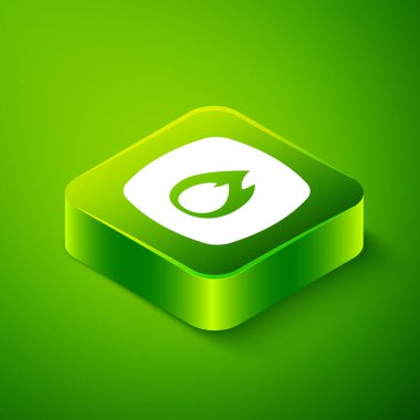 Isometric Fire alev simgesi yeşil arkaplanda izole edildi. Yeşil kare düğmesi. Vektör.