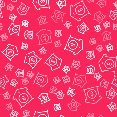 Beyaz çizgi Depo fiyat simgesi kırmızı arka planda izole edilmiş. Vektör.