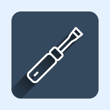Beyaz çizgi tornavida simgesi uzun gölge arkaplanı ile izole edildi. Servis aracı sembolü. Mavi kare düğme. Vektör.