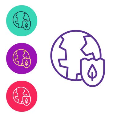 Beyaz arkaplanda izole edilmiş kalkan simgesi ile Dünya çizgisini ayarlayın. Sigorta konsepti. Güvenlik, güvenlik, koruma, gizlilik kavramı. Simgeleri renklendirin. Vektör.