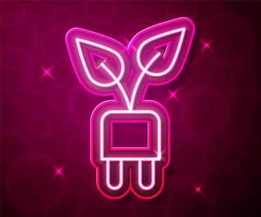 Kırmızı arkaplanda, yaprak simgesinde parlayan neon hattı elektrik tasarruf prizi izole edildi. Elektrik tasarrufu. Çevresel koruma. Biyolojik enerji. Vektör.