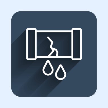 Beyaz çizgi kırık yağ borusu ve uzun gölgeli kapakçık simgesi izole edilmiş. Mavi kare düğme. Vektör.