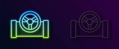 Glowing neon line Oil pipe with valve icon isolated on black background. Vector.