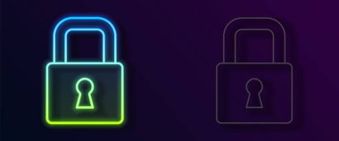 Parlayan neon çizgi simgesi siyah arkaplanda izole edildi. Asma kilit işareti. Güvenlik, güvenlik, koruma, gizlilik kavramı. Vektör.