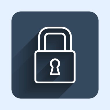 White line Lock icon isolated with long shadow background. Padlock sign. Security, safety, protection, privacy concept. Blue square button. Vector.