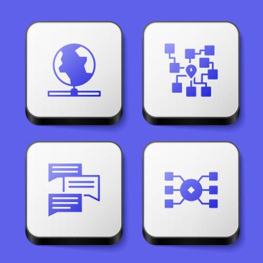 Küresel teknoloji sinirsel ağ konuşma baloncuğu sohbet ve simgesini ayarla. Beyaz kare düğme. Vektör.