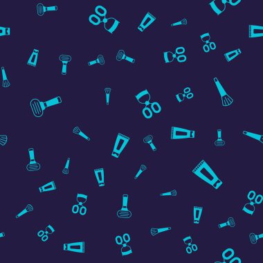 Tıraş bıçağı fırçasını, kirpik bigudisini ve krem kozmetik tüpünü pürüzsüz desene ayarlayın. Vektör.