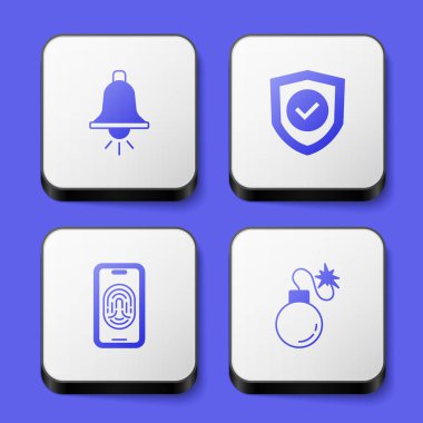Alarm çanı kalkanını mobil parmak izi tarayıcısı ve bomba simgesi ile ayarla. Beyaz kare düğme. Vektör.