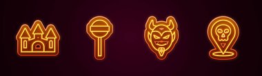 Hattı ayarla. Lolipop Şatosu Şeytan kafası ve Kafatası. Parlayan neon ikonu. Vektör.