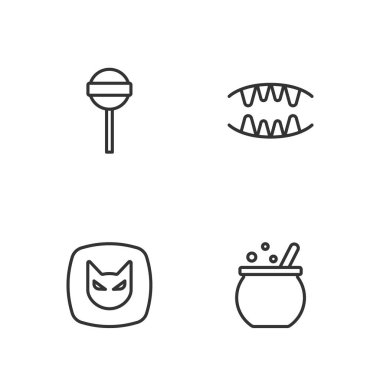 Cadılar Bayramı cadı kazanı Kara Kedi Lollipop ve Vampir dişi ikonu. Vektör.