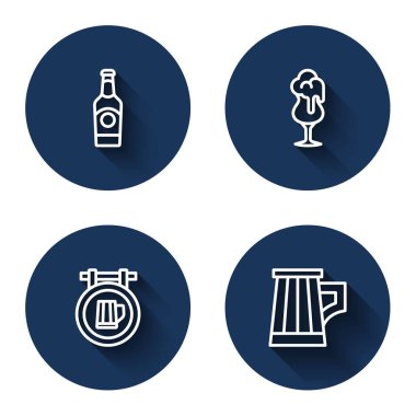 Bira şişesi, bira sokak tabelası ve uzun gölgeli tahta bardak. Mavi daire düğmesi. Vektör.