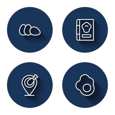 Tavuk yumurtası pişirme kitabı bacağı ve uzun gölgeyle çırpılmış. Mavi daire düğmesi. Vektör.