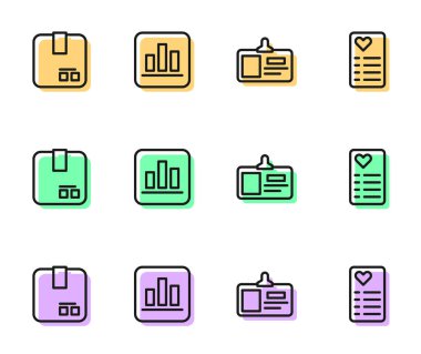 Satır tanımlama rozeti karton kutu pasta grafiği ve alışveriş listesi simgesini ayarla. Vektör.