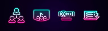Çevrimiçi sınıf web kamerası ve test anketini ayarla. Parlayan neon ikonu. Vektör.