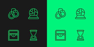 Eski kum saati hazine sandığı kelepçeleri ve sihirli top ikonu. Vektör.