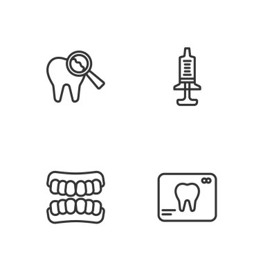 Diş protezleri modelinin röntgenini çek. Kırık ve şırınga ikonu. Vektör.