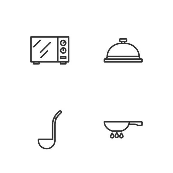 Set Line Sartén Fuego Cuchara Cocina Horno Microondas Cubierto Con — Vector de stock