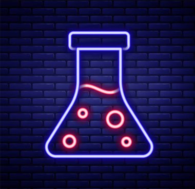 Parlayan neon hattı petrol test tüpü ikonu tuğla duvar arka planında izole edildi. Komiklik şişesi ve düşen damla. Renkli taslak konsepti. Vektör.