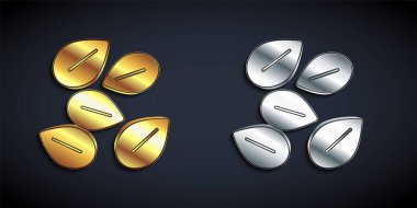 Siyah arka planda izole edilmiş özel bir bitki simgesinin altın ve gümüş tohumları. Uzun gölge tarzı. Vektör.