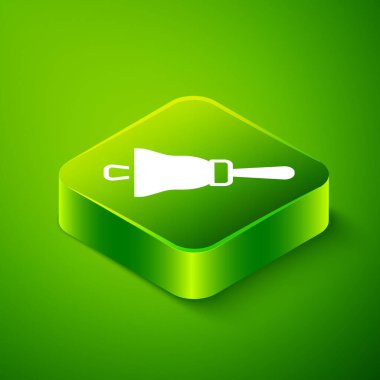 Isometric zil simgesi yeşil arkaplanda izole edildi. Alarm sembolü, servis zili, el zili işareti, uyarı sembolü. Yeşil kare düğmesi. Vektör.